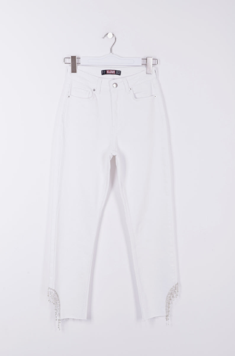 Taşlı Asimetrik Paça Pantolon - Beyaz - (28-33) - 6