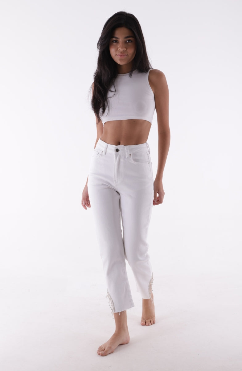 Taşlı Asimetrik Paça Pantolon Beyaz