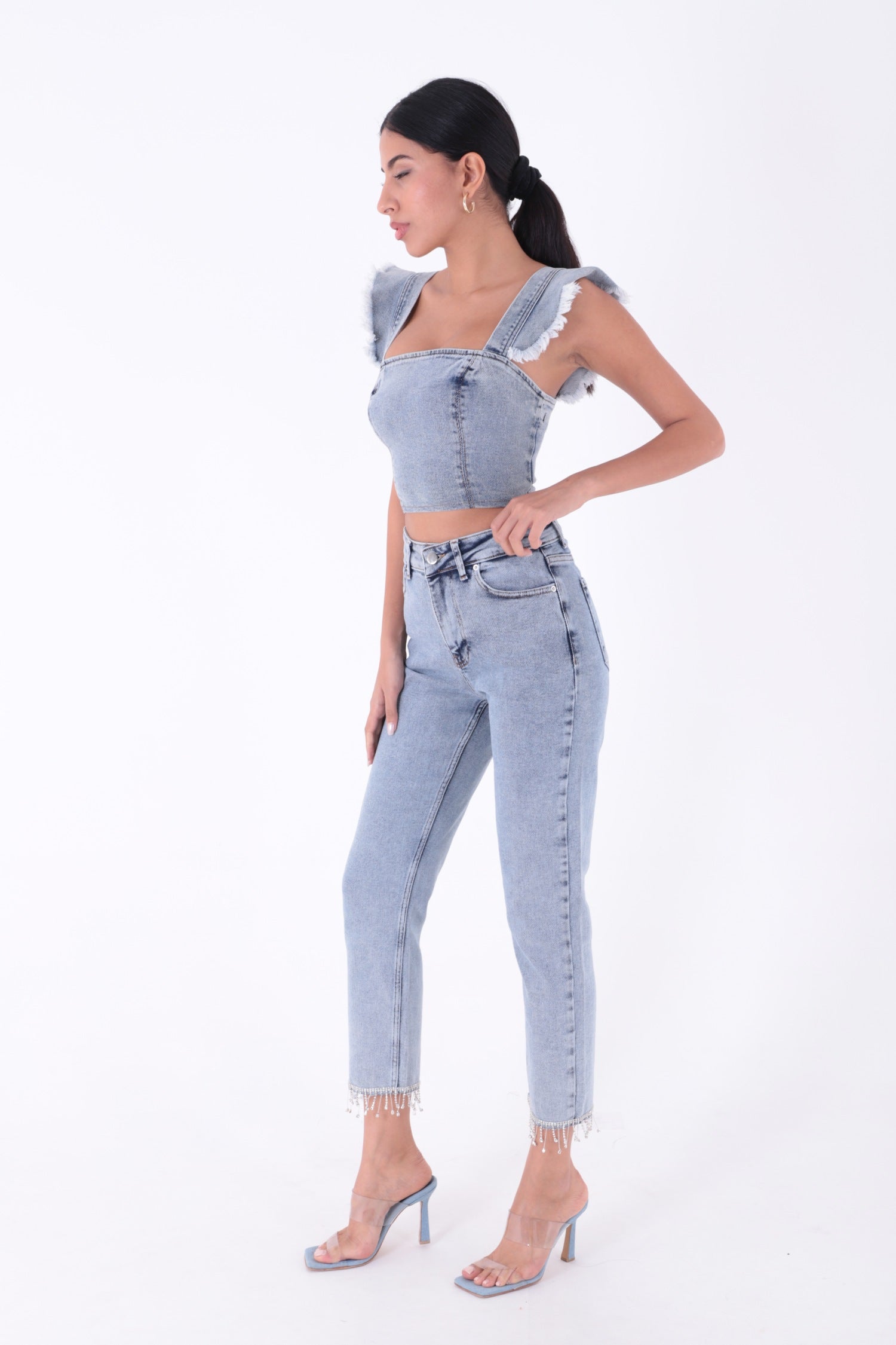 Paçasılı Dikişsiz Paça Mom Kot Pantolon - Kar Yıkama Açık Mavi - (26-31) - 4