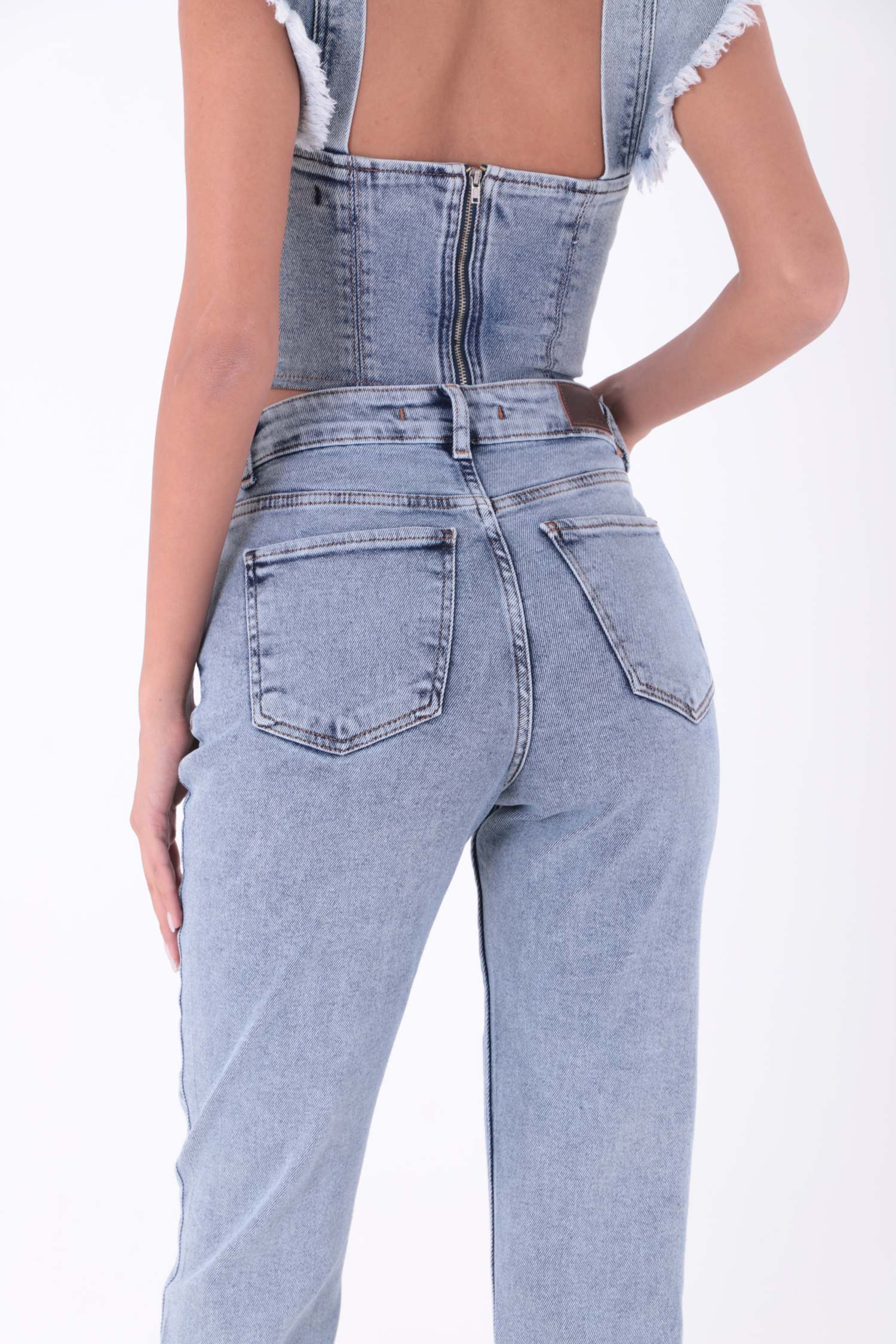 Paçasılı Dikişsiz Paça Mom Kot Pantolon - Kar Yıkama Açık Mavi - (26-31) - 5