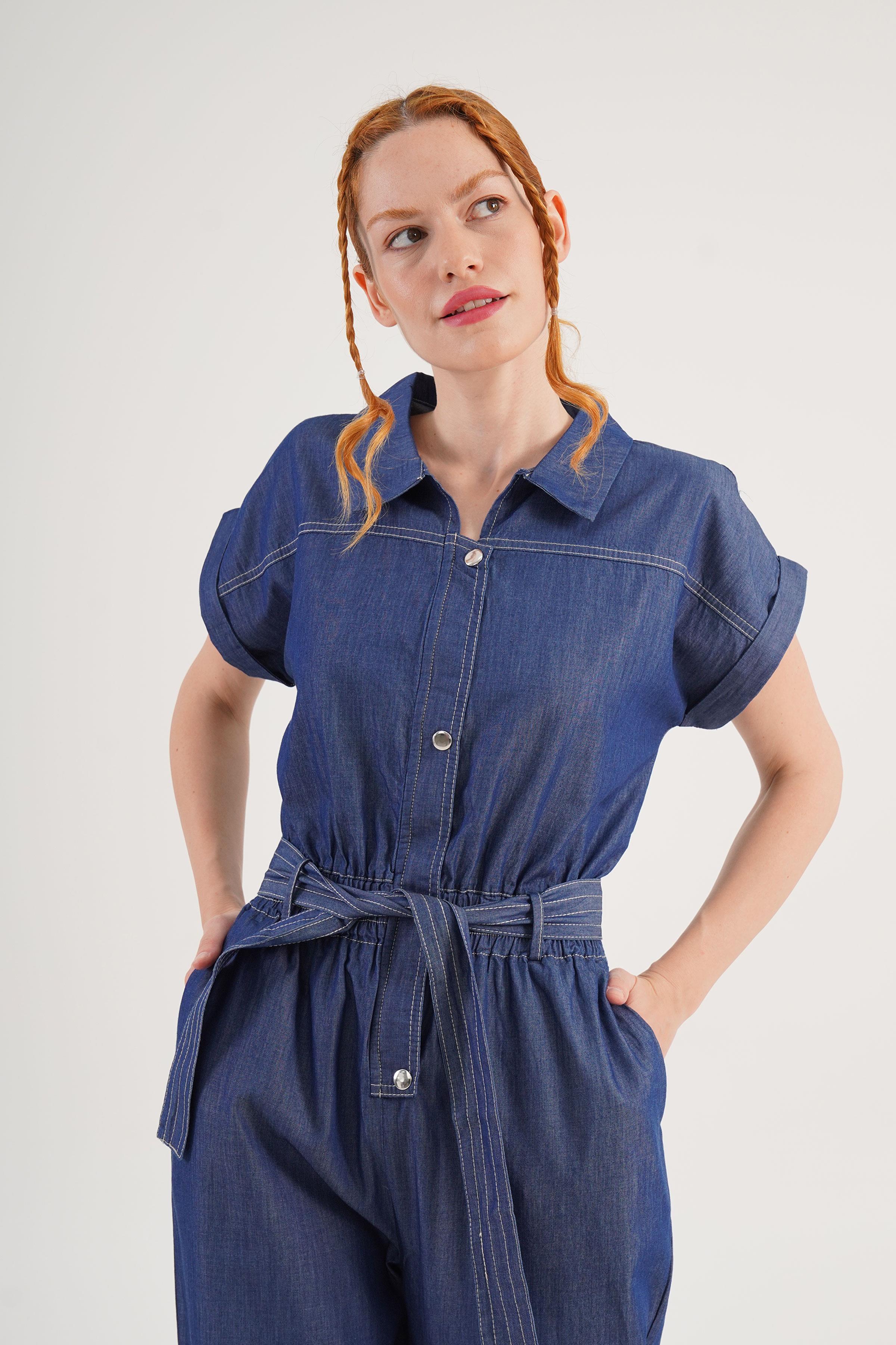 Kısa Kol Kuşaklı Kot Toptan Denim Tulum