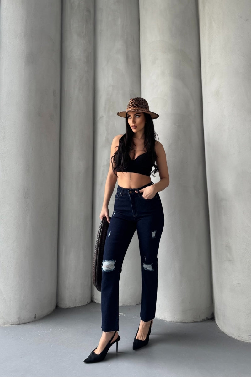 Mom Fit Kot Pantolon - Slaplı Lacivert - (26-31) - 2