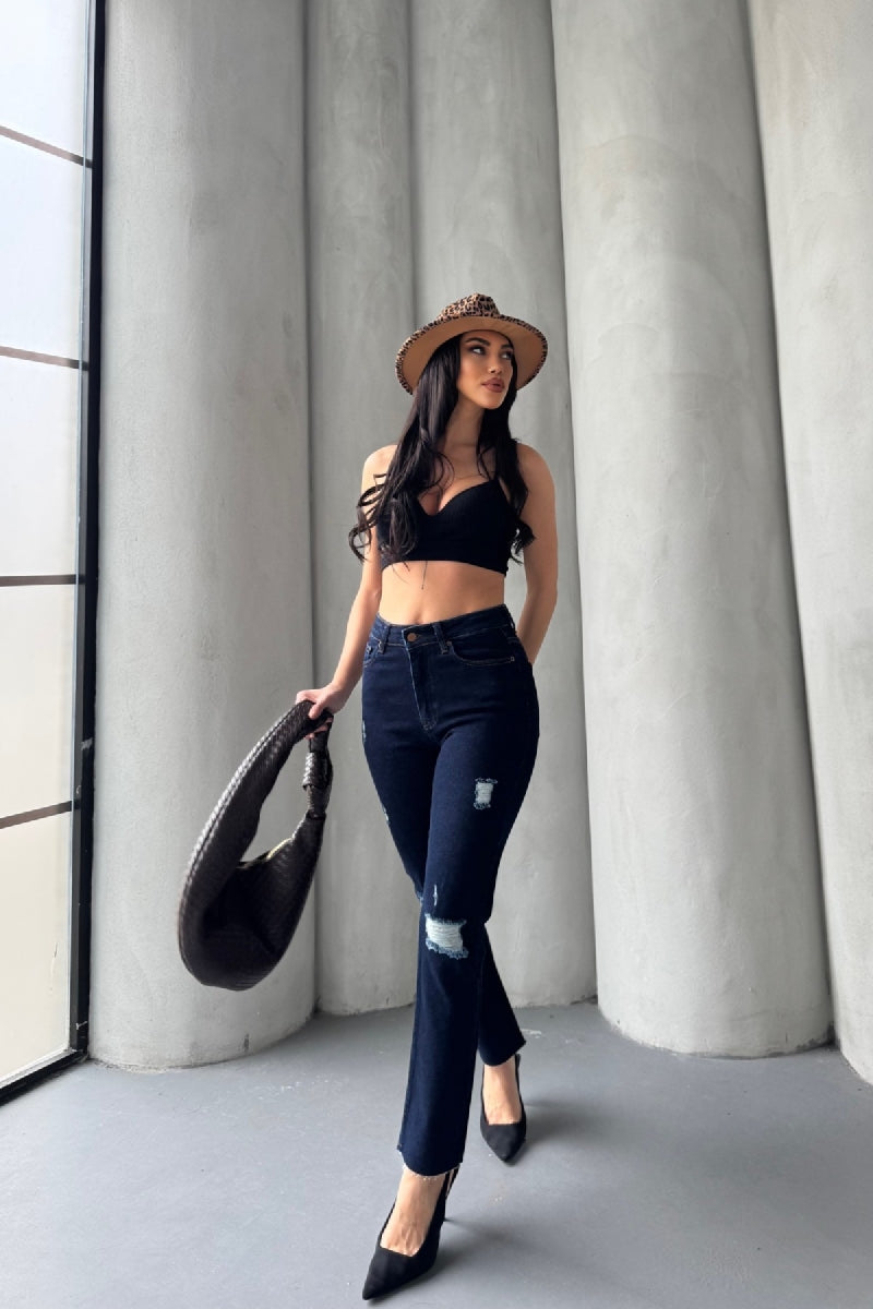 Mom Fit Kot Pantolon Slaplı Lacivert
