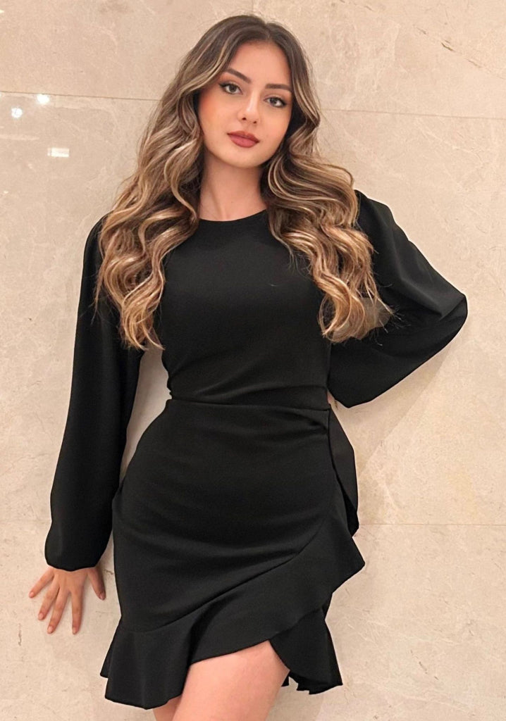 Women's Long Sleeve Crew Neck Ruffled Front Imported Crepe Dress, 31641