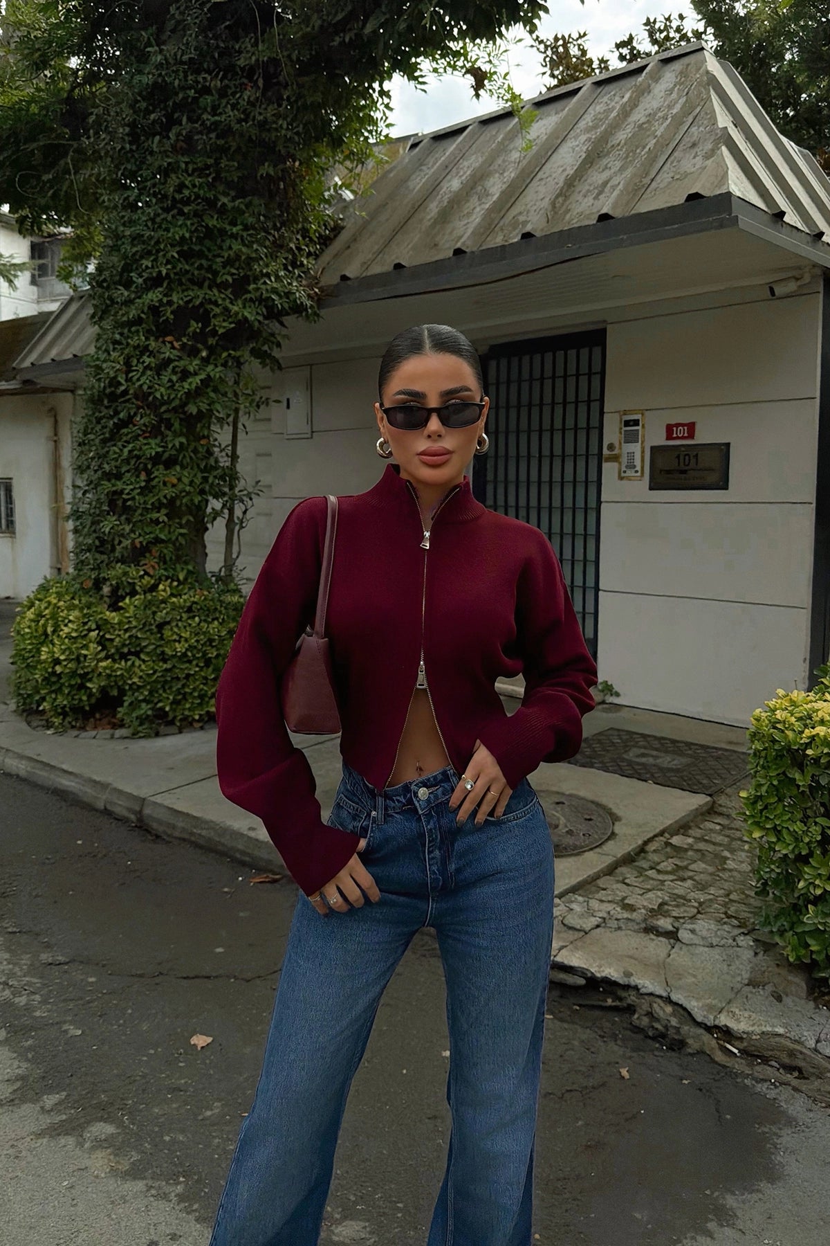 Bordo Balboa Çift Fermuarlı Triko Hırka