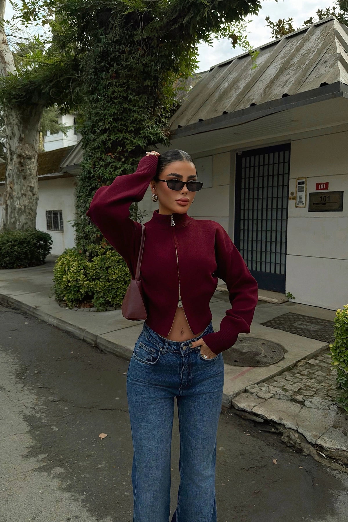 Bordo Balboa Çift Fermuarlı Triko Hırka