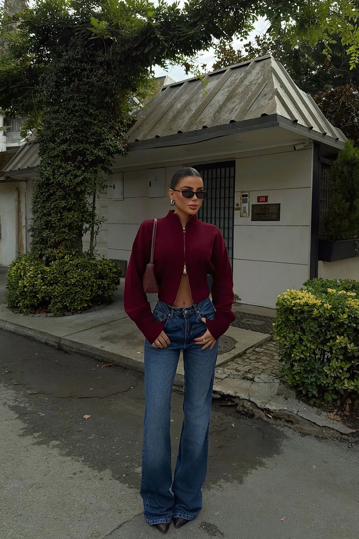 Bordo Balboa Çift Fermuarlı Triko Hırka