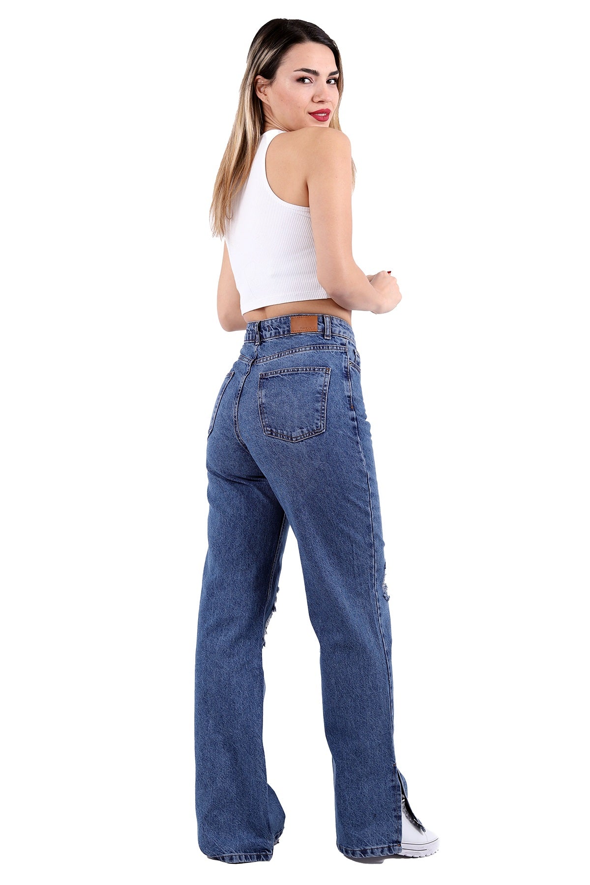 Paçası Yırtmaçlı Boru Paça Kot Pantolon - Orta Mavi Kot - (26-31) - 5