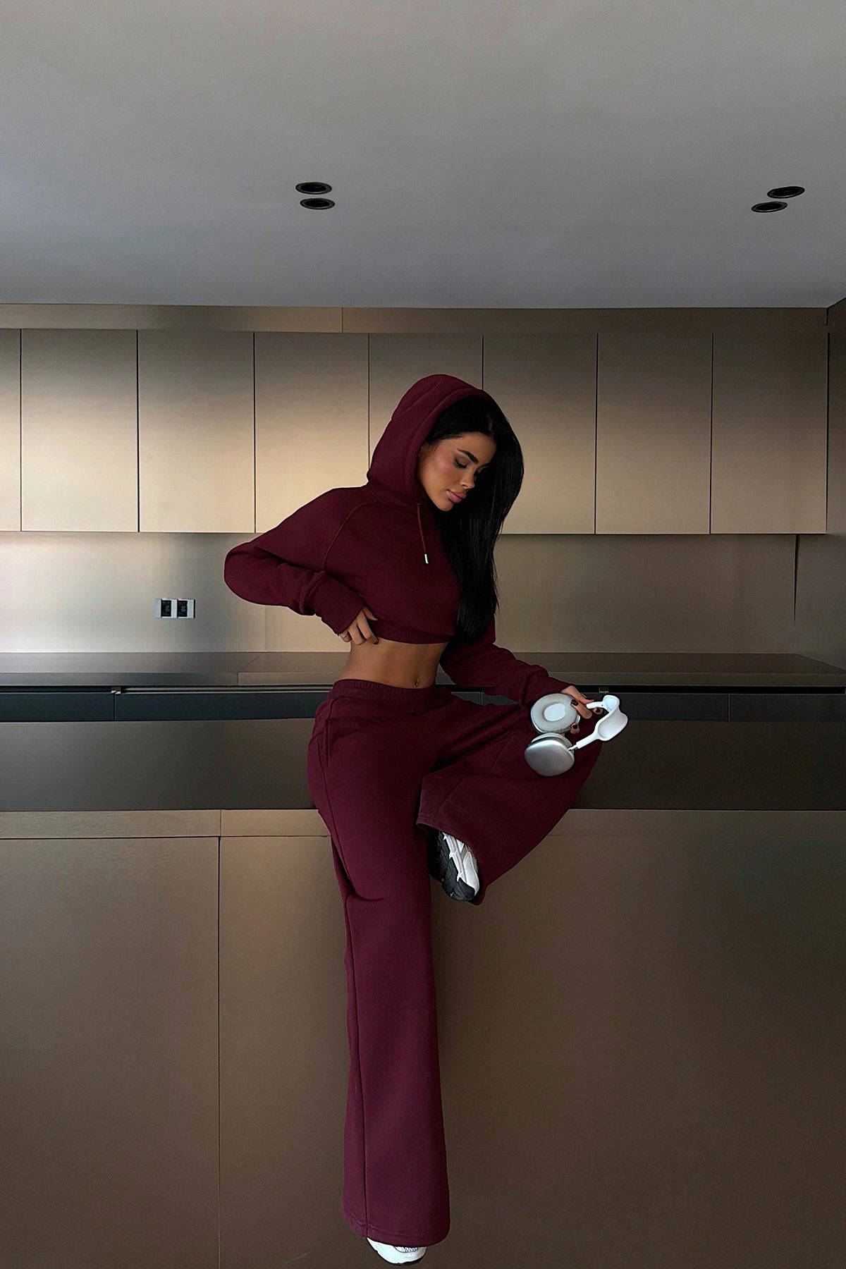Bordo Scarf Kapşonlu Eşofman Takım