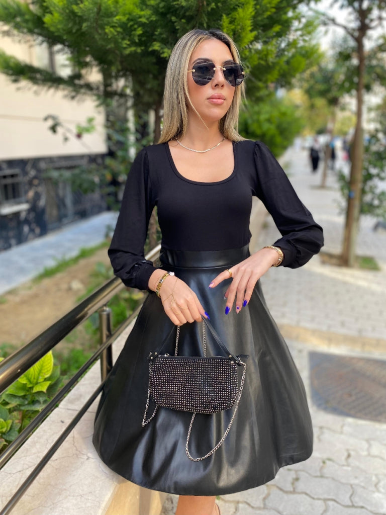 Kadın Uzun Kollu Kare Yaka üst Viskon Alt Deri Mini Elbise , 32931