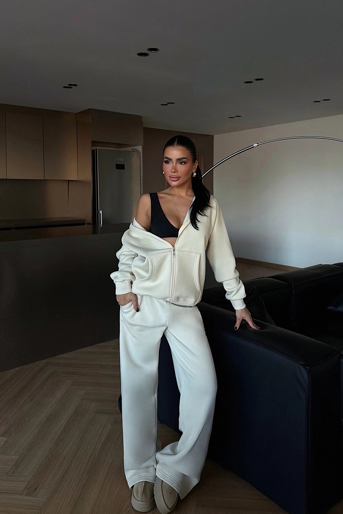 Krem Fermuarlı Eşofman Takım XS