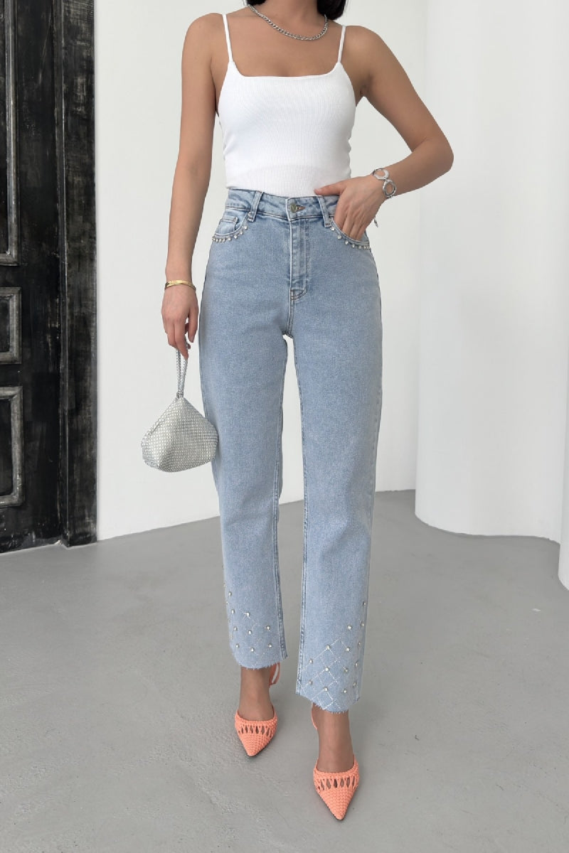 Taşlı Mom Fit Kot Pantolon 7115 Kar Yıkama Açık Mavi