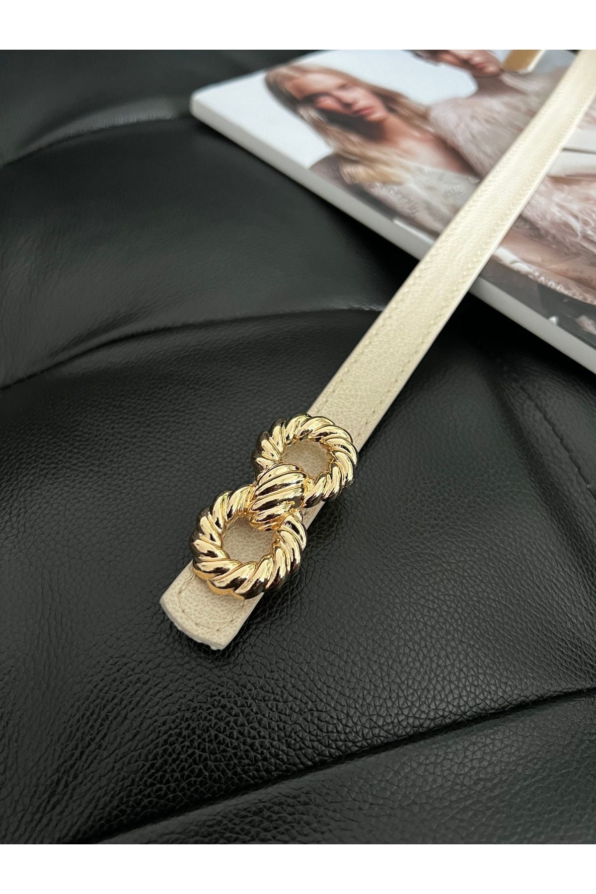 Burgu Gold Tokalı Bej İnce Kadın Kemeri, Ceket Kemeri, Gömlek Kemeri, Elbise Kemeri