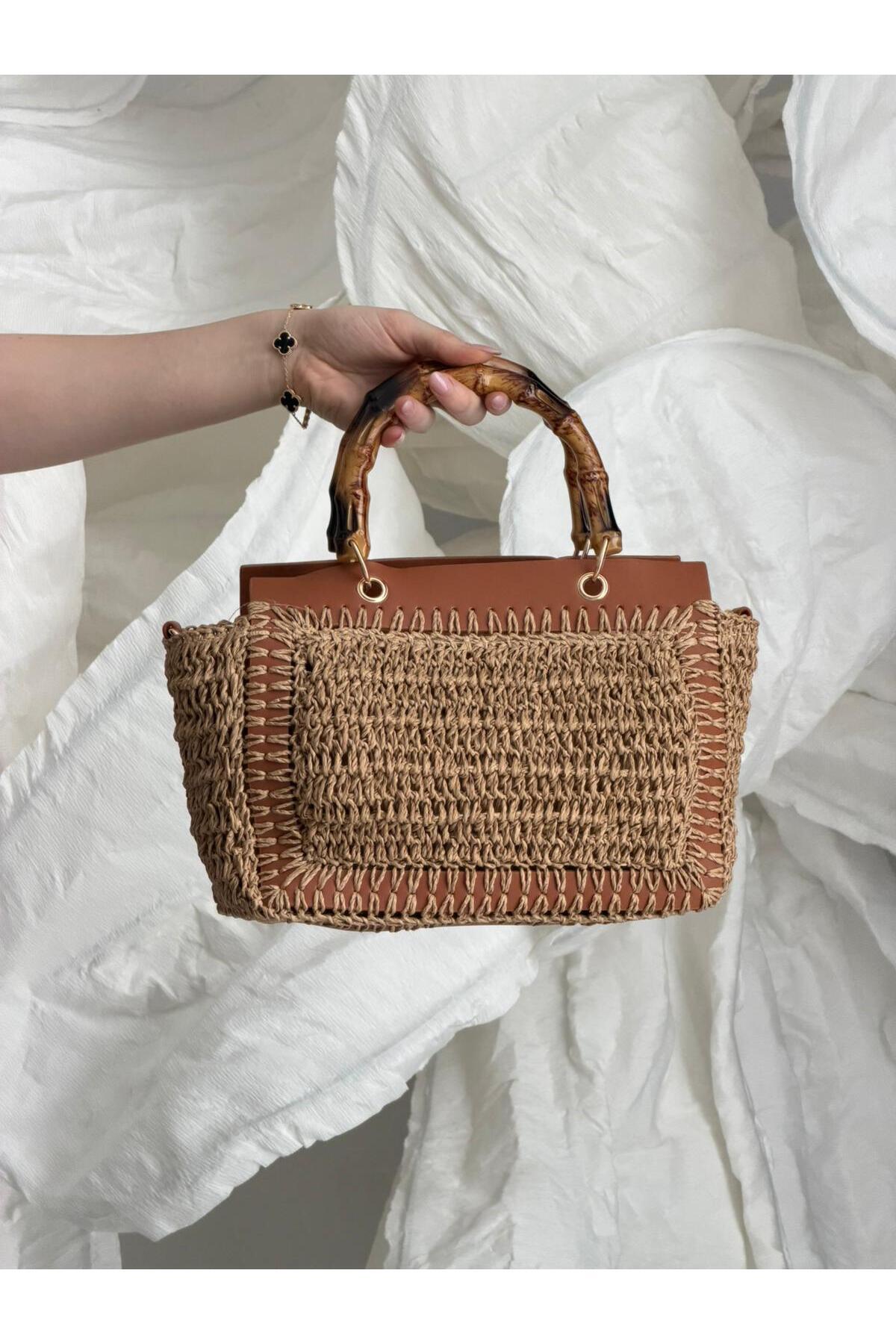 Bambu Saplı Camel Hasır Çanta CNT1115
