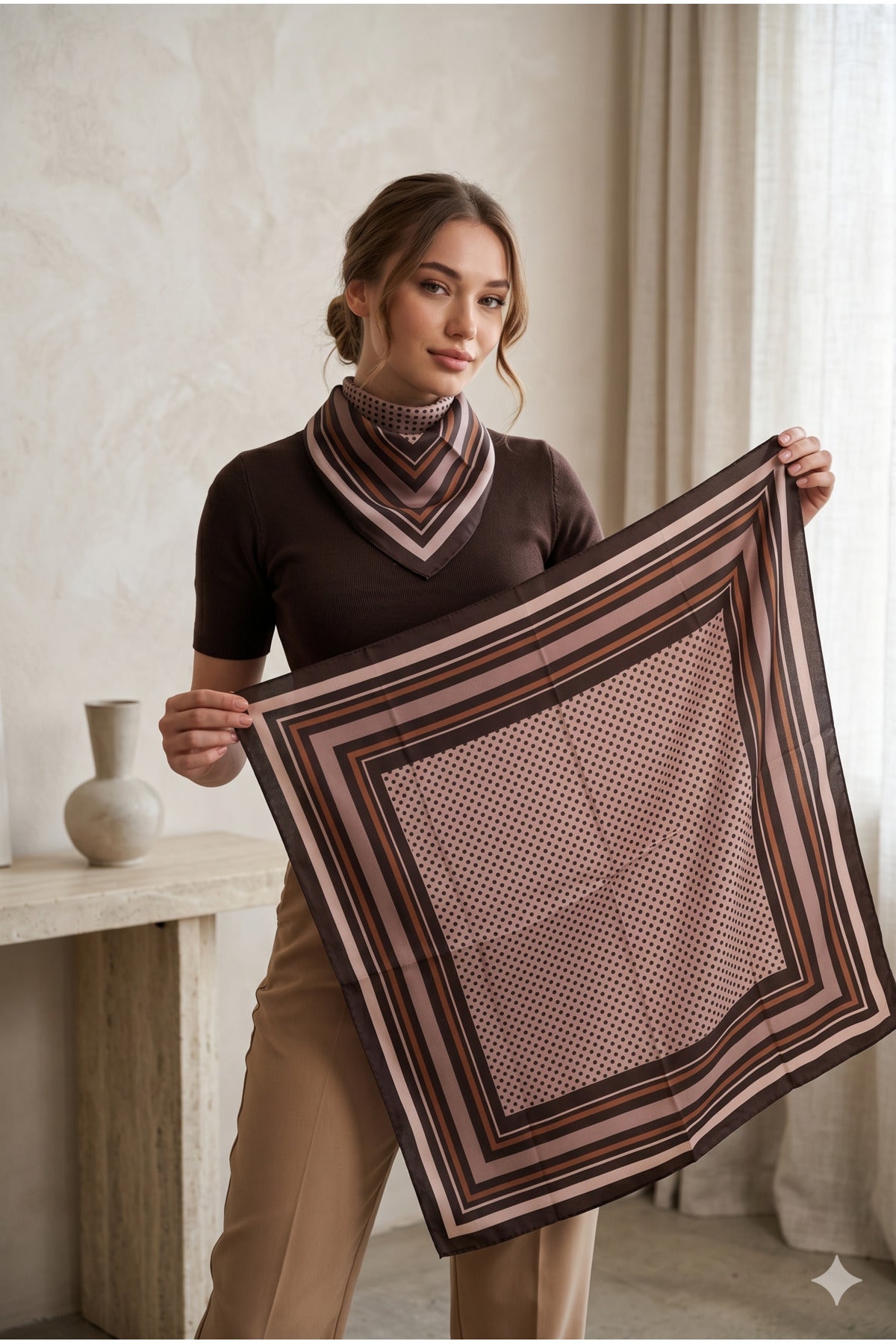 Kadın Desenli Saten Boyun Fuları Bandana 70x70 Kahverengi FLR2000
