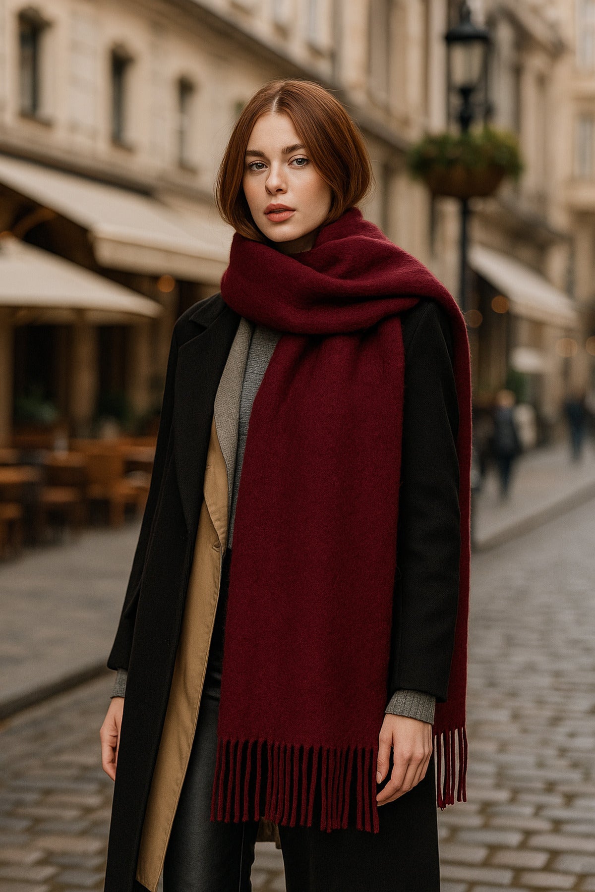 Kadın Basic Bordo Püsküllü Buklet Atkı - Şal 45x200 Cm Sal1285