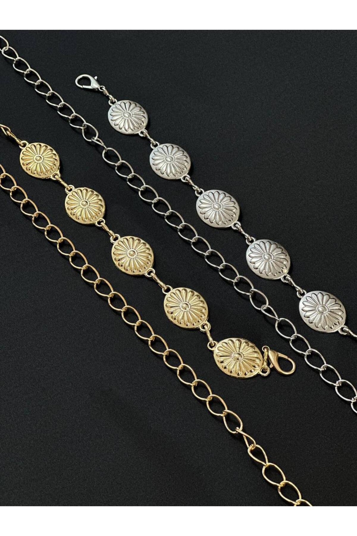 2'li Papatya Gold Gümüş Detaylı Kadın Bel Zinciri Bel Kemeri,Elbise Kemeri,Etek Kemeri
