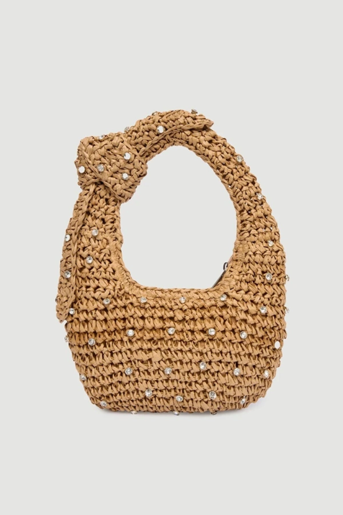 Taş Detaylı El Örgüsü Camel Hasır Çanta 18x24 Cm CNT1048