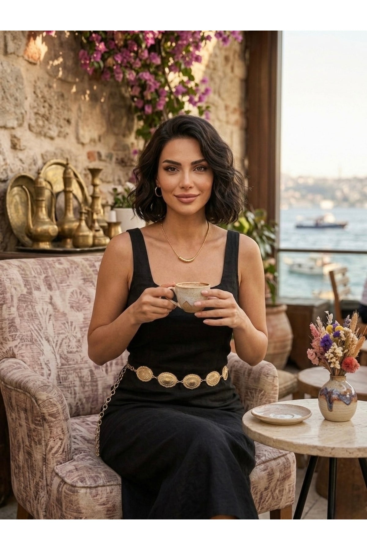 Papatya Gold Detaylı Kadın Bel Zinciri Bel Kemeri,Elbise Kemeri,Etek Kemeri,Pantolon Kemeri