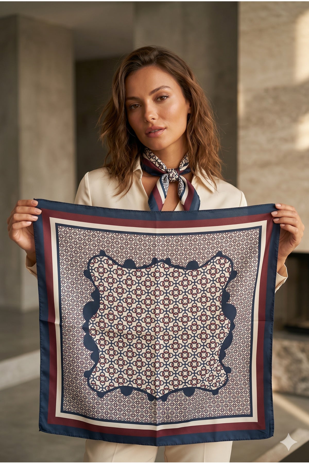 Kadın Geometrik Desenli Saten Boyun Fuları Bandana 70x70 Lacivert Ekru Bordo FLR2003