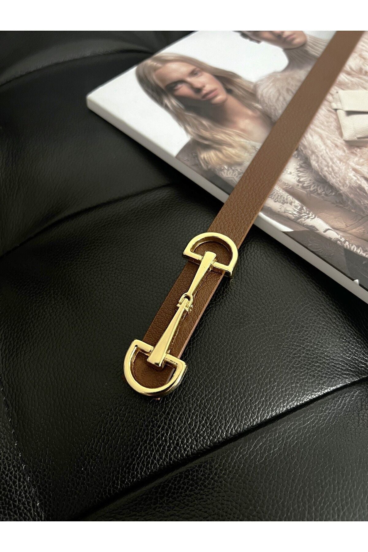 Uzun Gold Tokalı İnce Taba Kadın Kemeri, Ceket Kemeri, Gömlek Kemeri, Elbise Kemeri