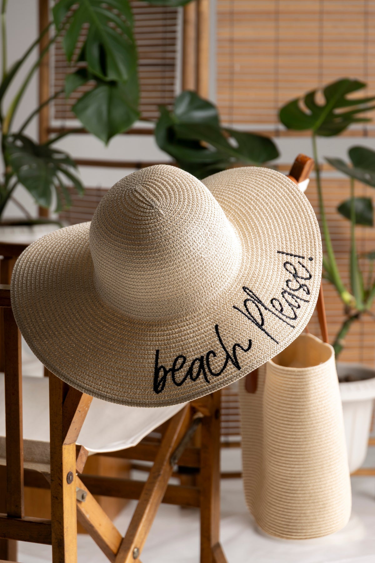 Beach Please Nakışlı Bej Hasır Şapka Hsr2029
