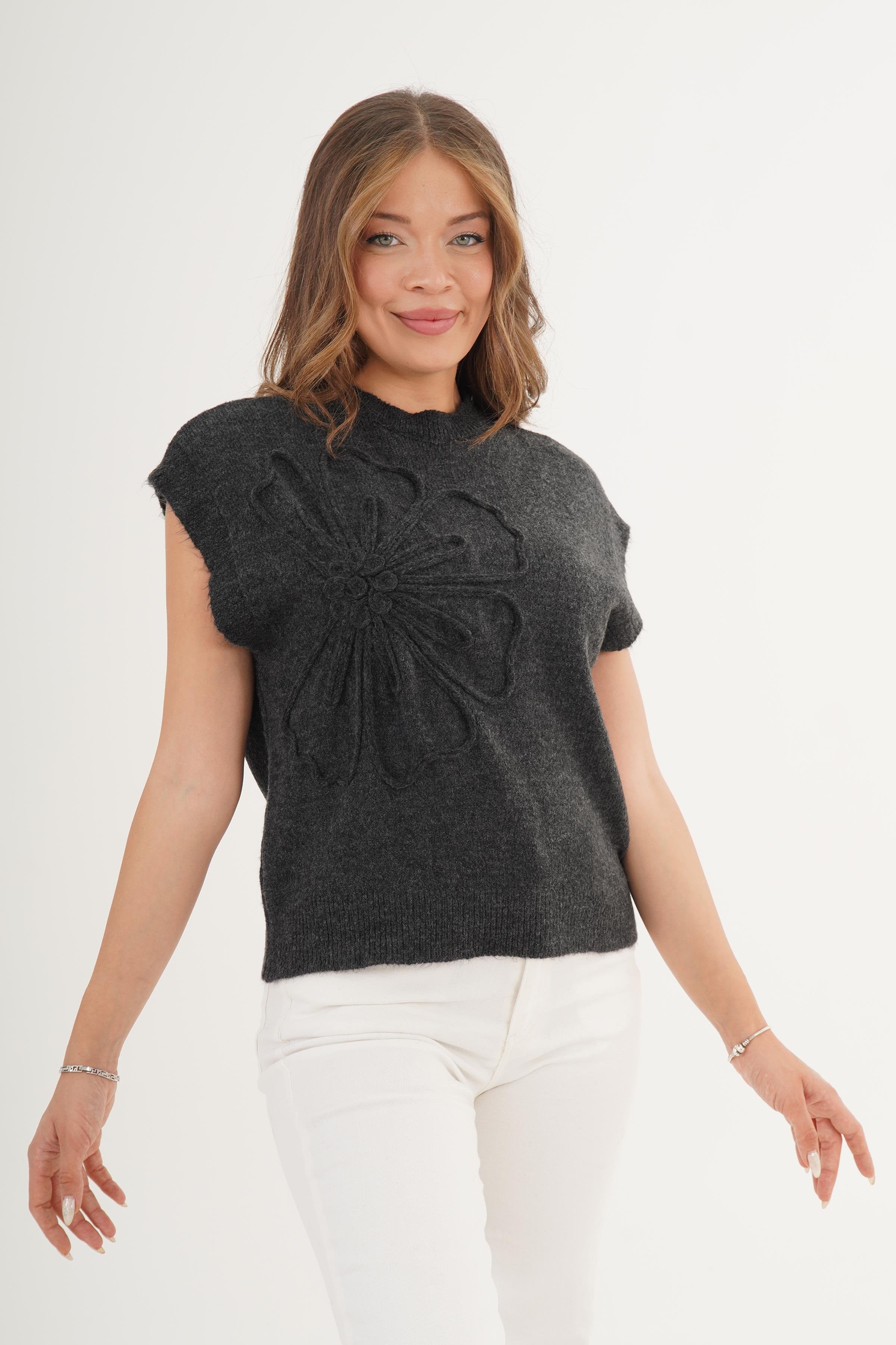 Papatya Desenli Toptan Antrasit Triko Süveter