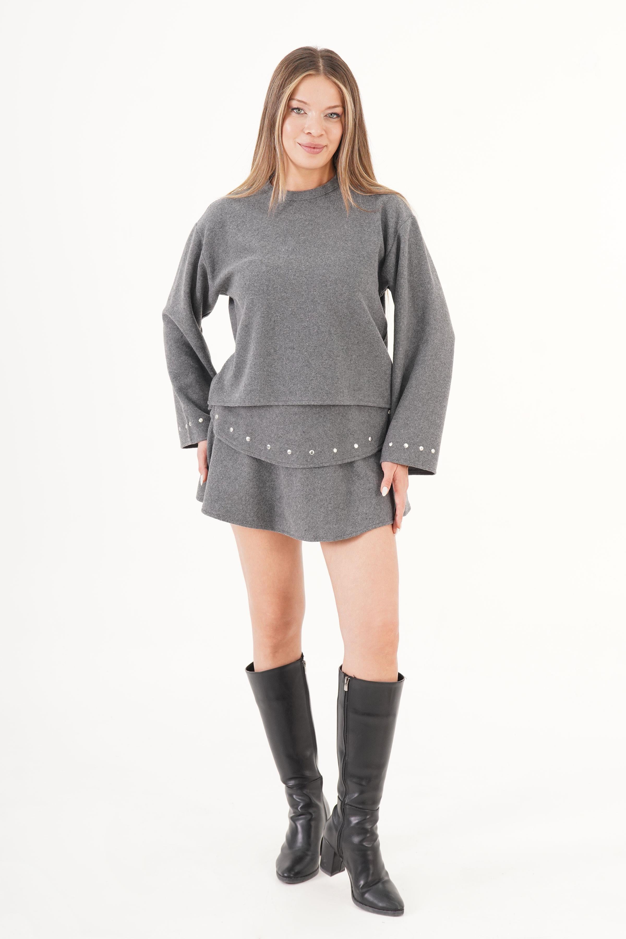 Selanik Katlı Taşlı Toptan Antrasit Etek