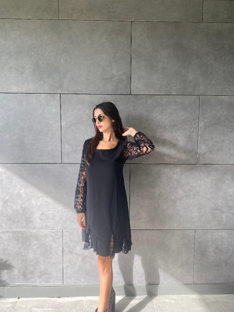 Women's Long Sleeve Crew Neck Imported Crepe Dress with Lace Trim on Cuffs and Hem, 31982