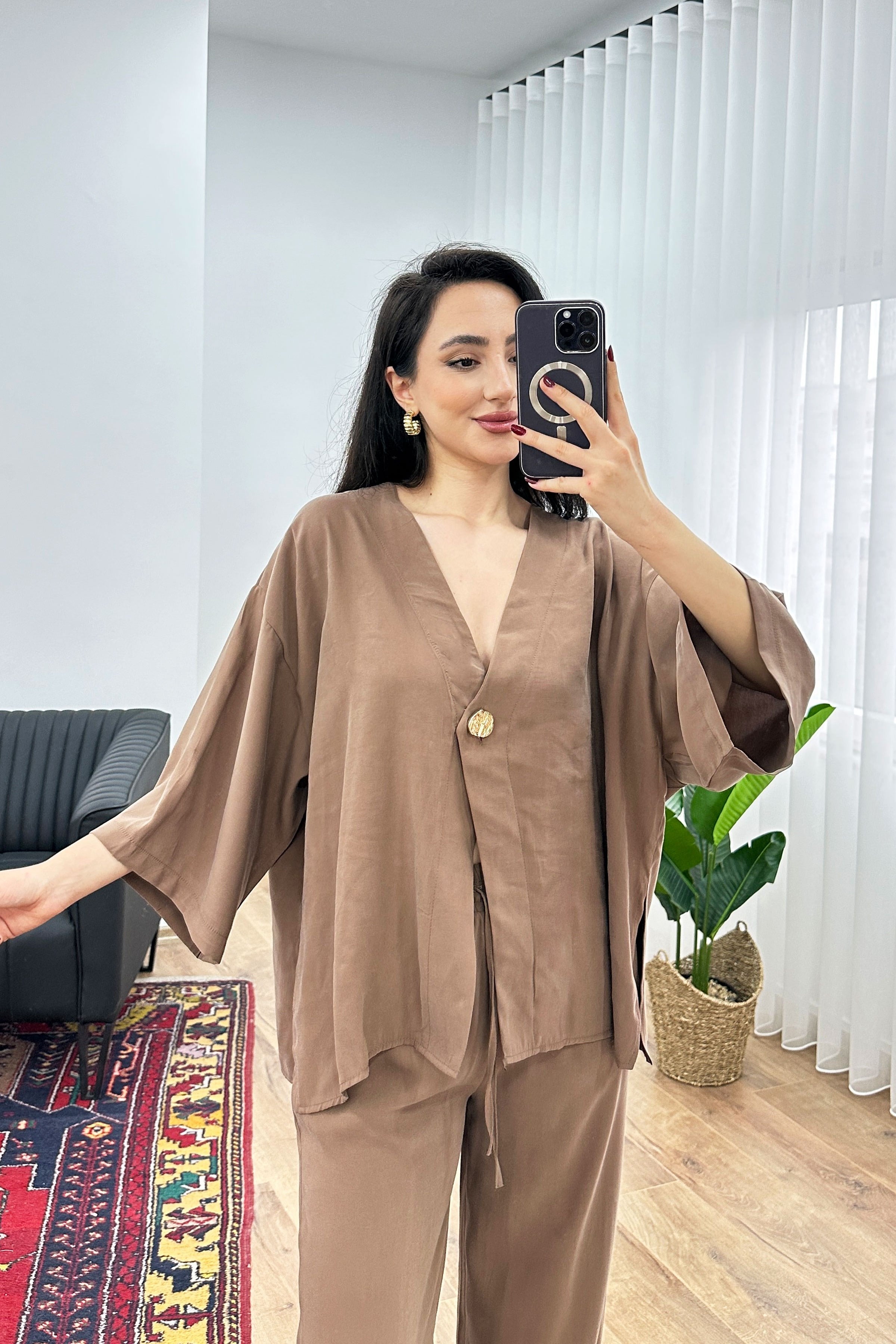 Modal Beli İp Bağlamalı Kruvaz Kahve Toptan Bluz Pantolon Takım