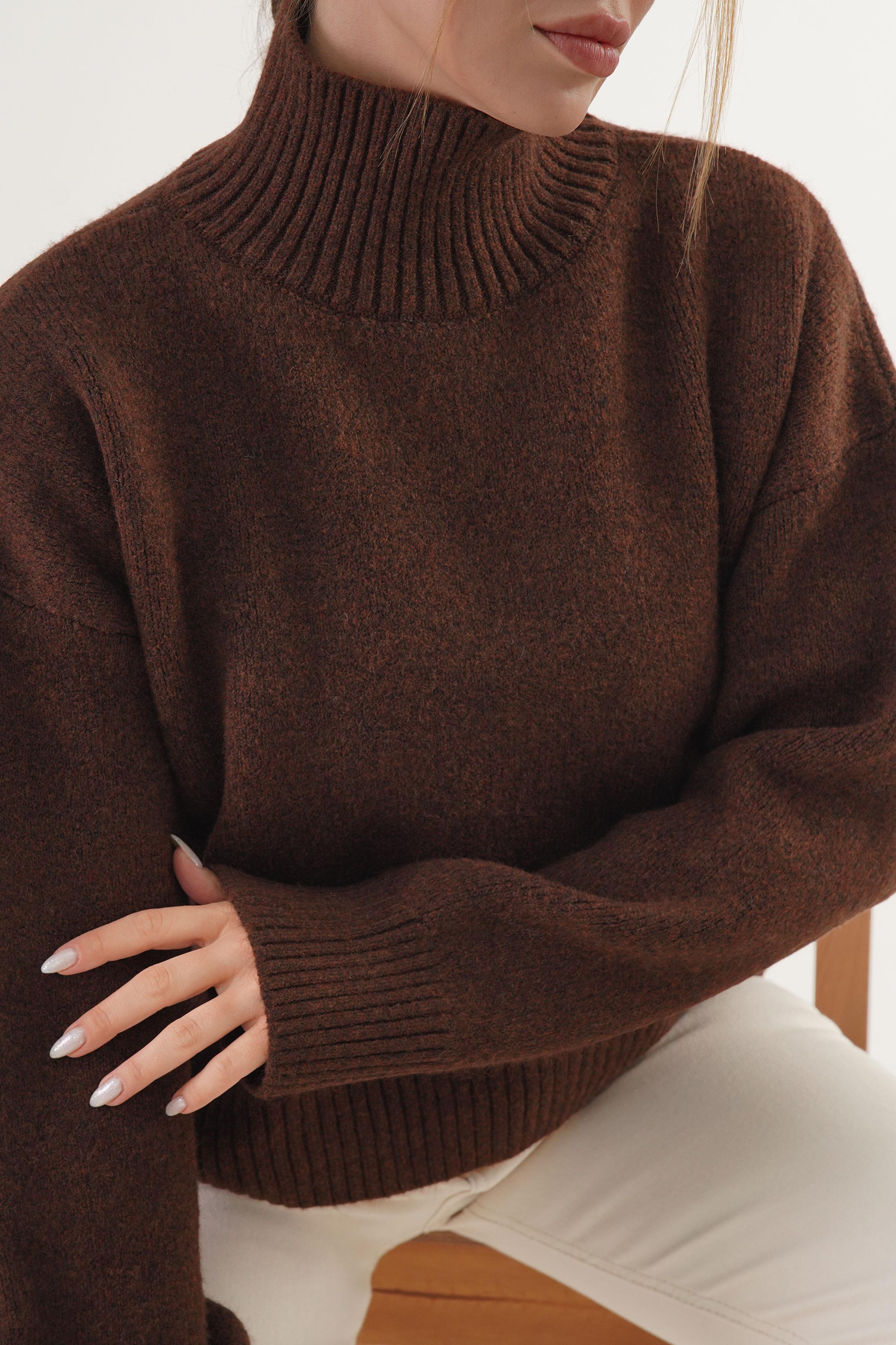 Yarım Balıkçı Yaka Kalın Toptan Kahve Triko Kazak Kahverengi STD