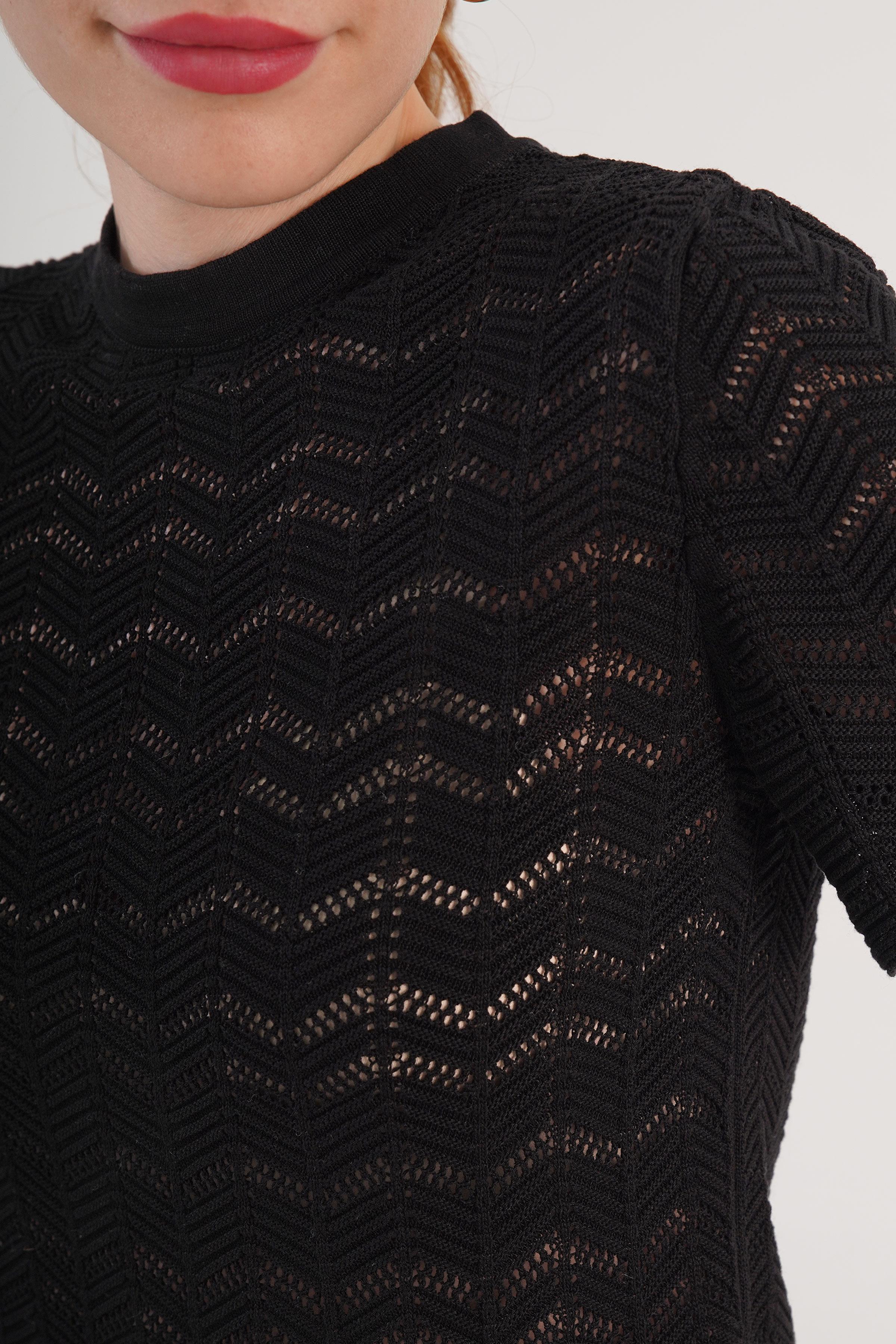 Örgü Model Kısa Kol Toptan Siyah Triko Bluz