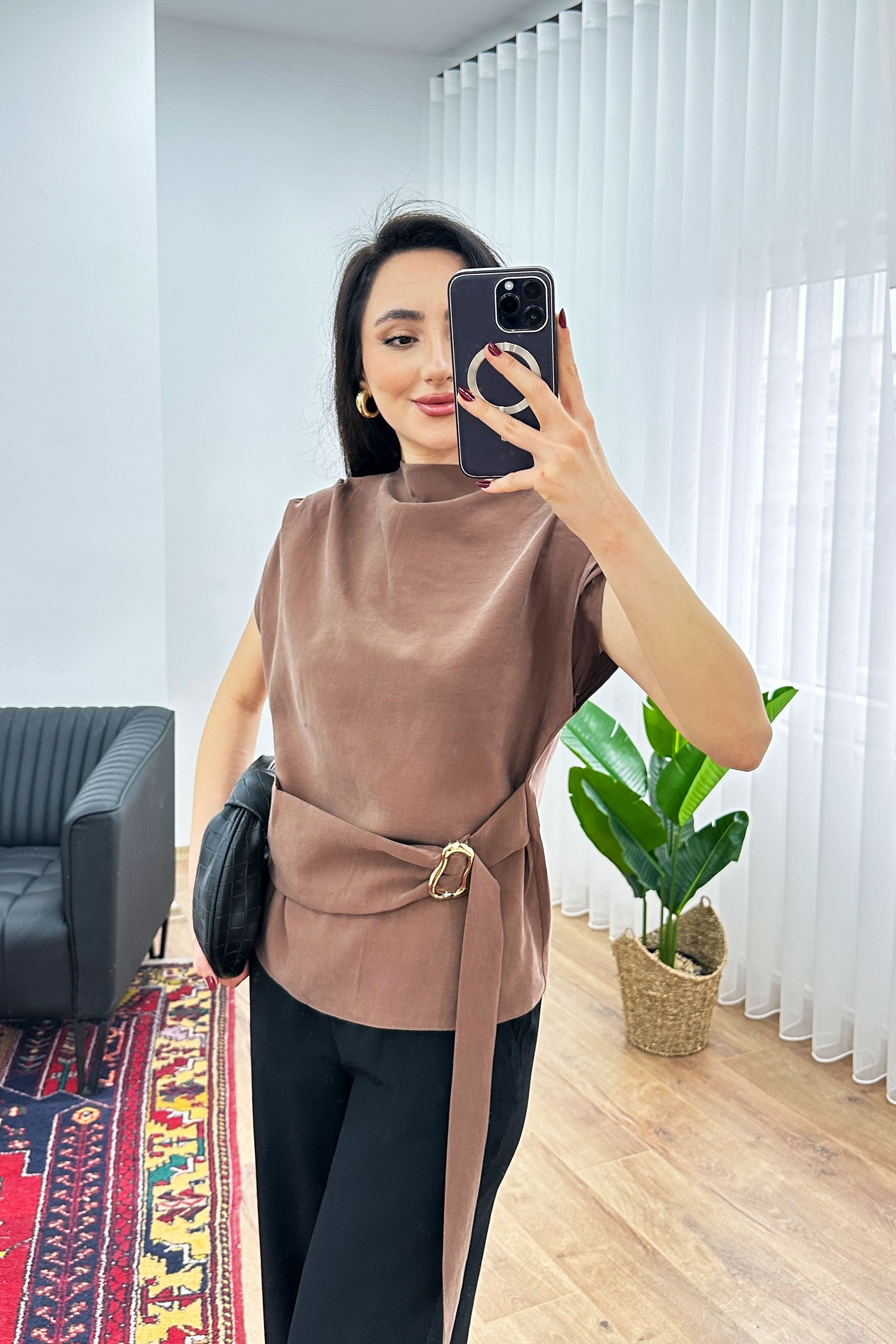 Gold Toka Detay Dökümlü Şık Camel Toptan Bluz Camel S