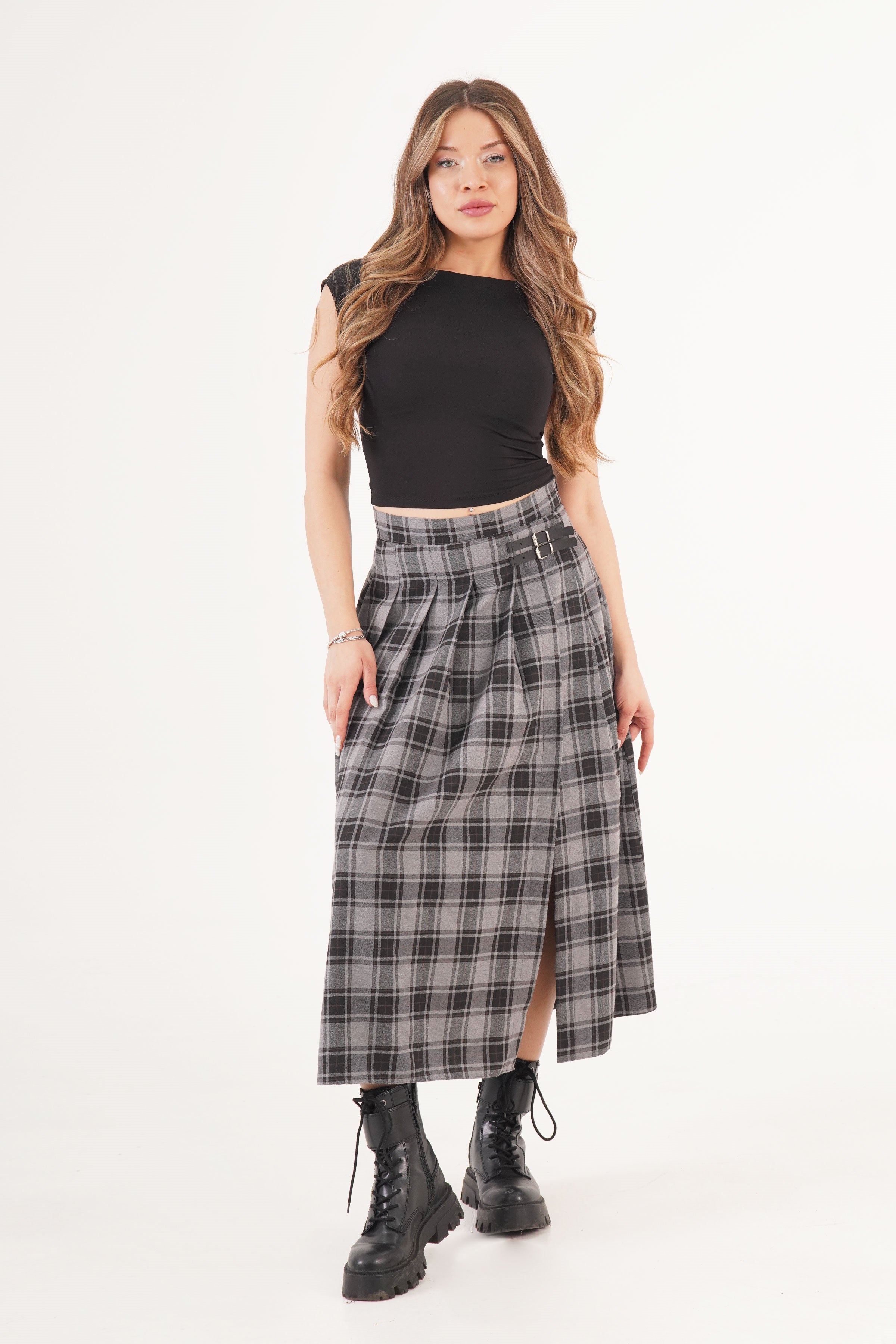 Kemer Detaylı Yan Yırtmaçlı Gri Ekose Toptan Uzun Etek
