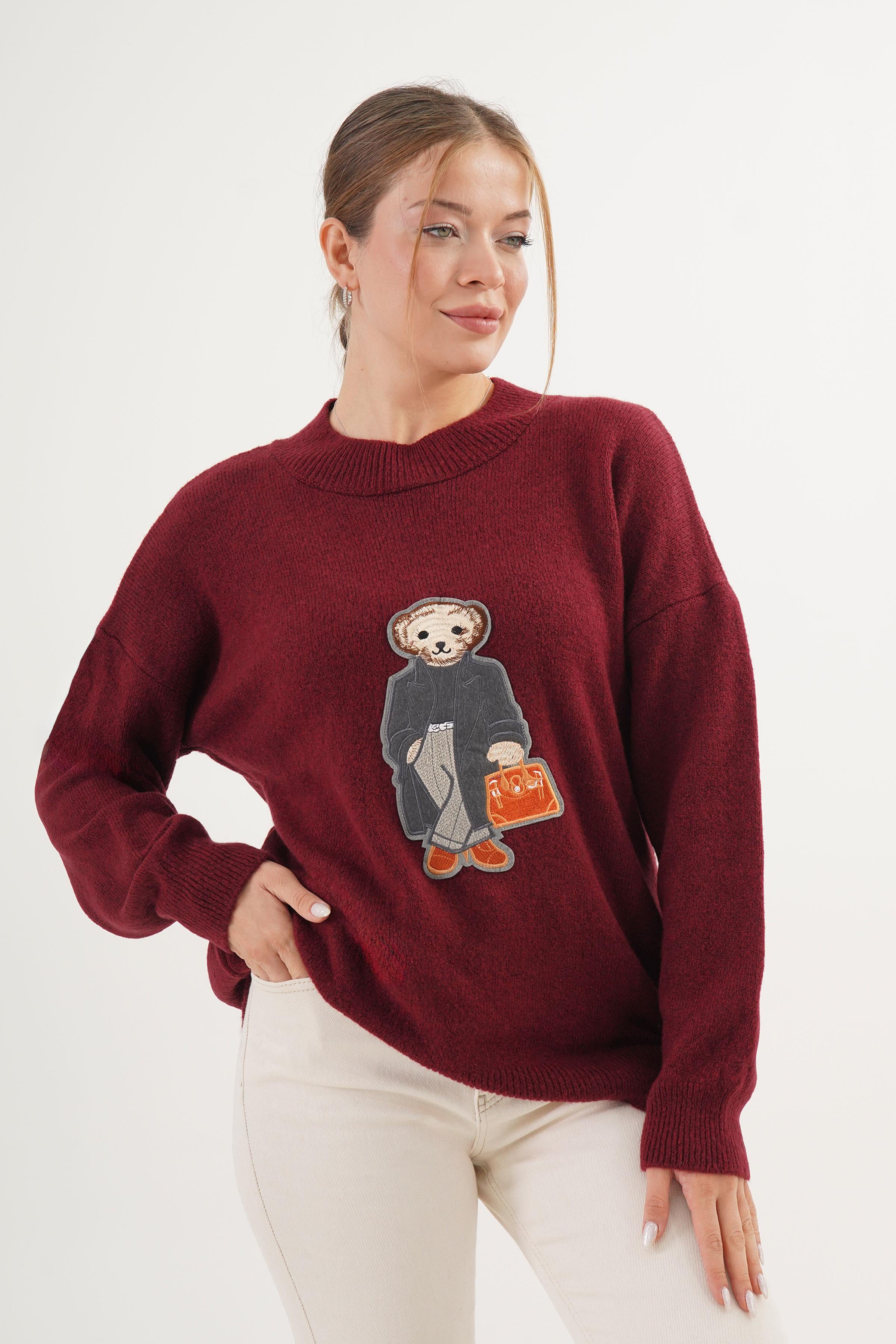 Ayıcık Nakışlı Bisiklet Yaka Toptan Bordo Triko Kazak