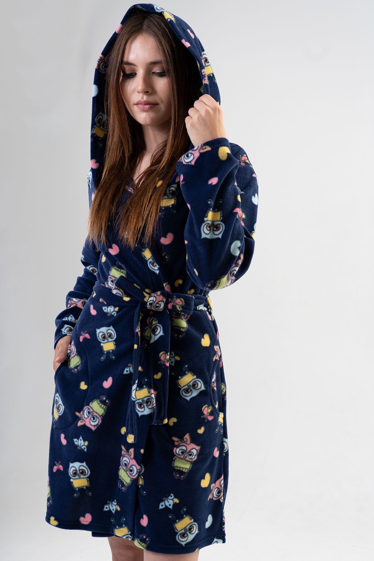 KADIN POLAR KAPSONLU CEPLI KISA SABAHLIK - DRESS BLUES