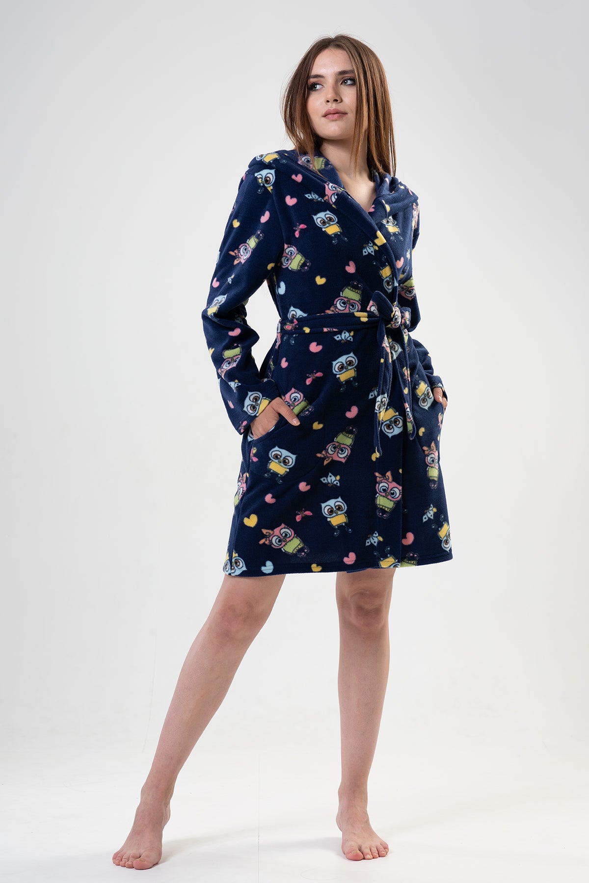 KADIN POLAR KAPSONLU CEPLI KISA SABAHLIK - DRESS BLUES