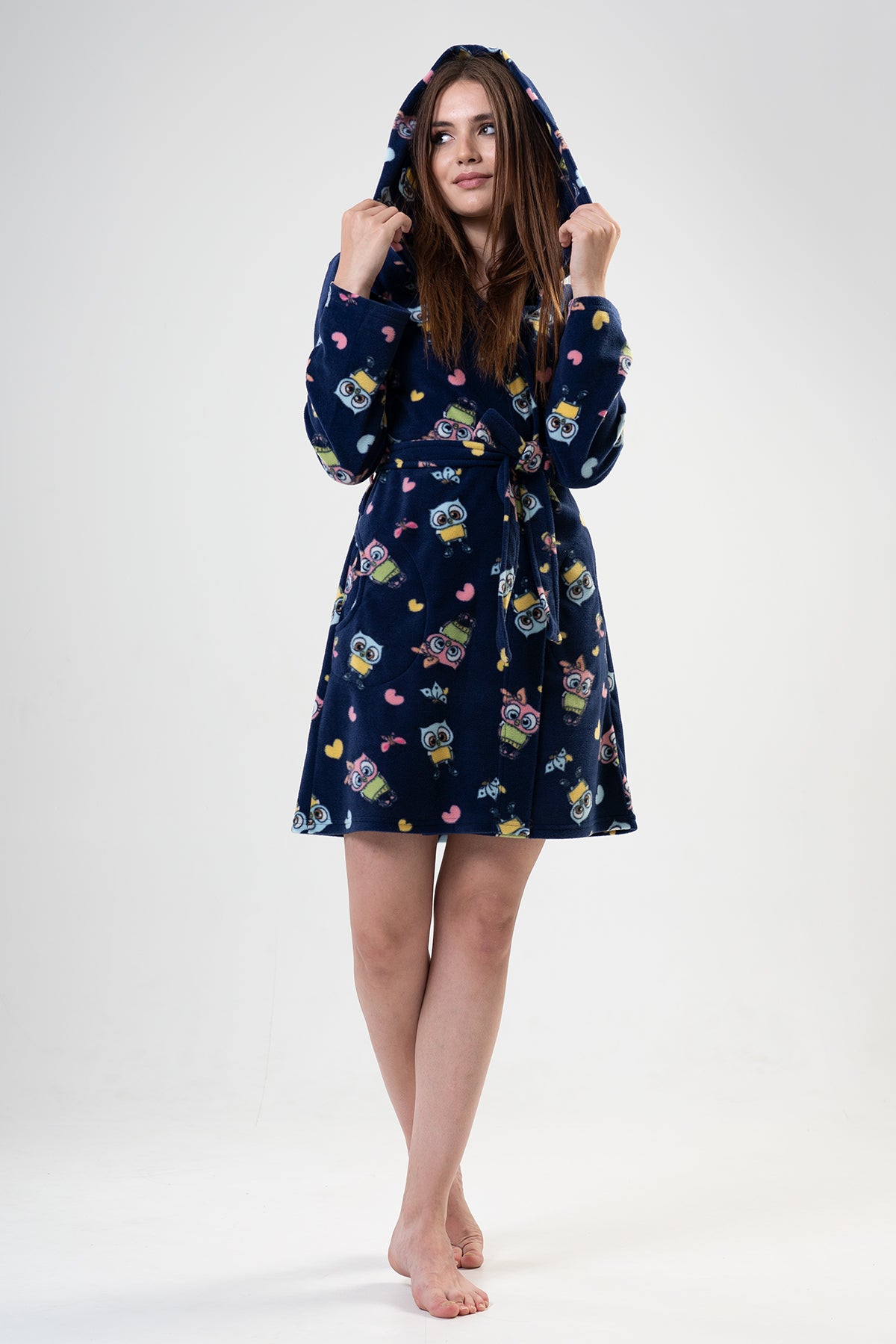 KADIN POLAR KAPSONLU CEPLI KISA SABAHLIK - DRESS BLUES