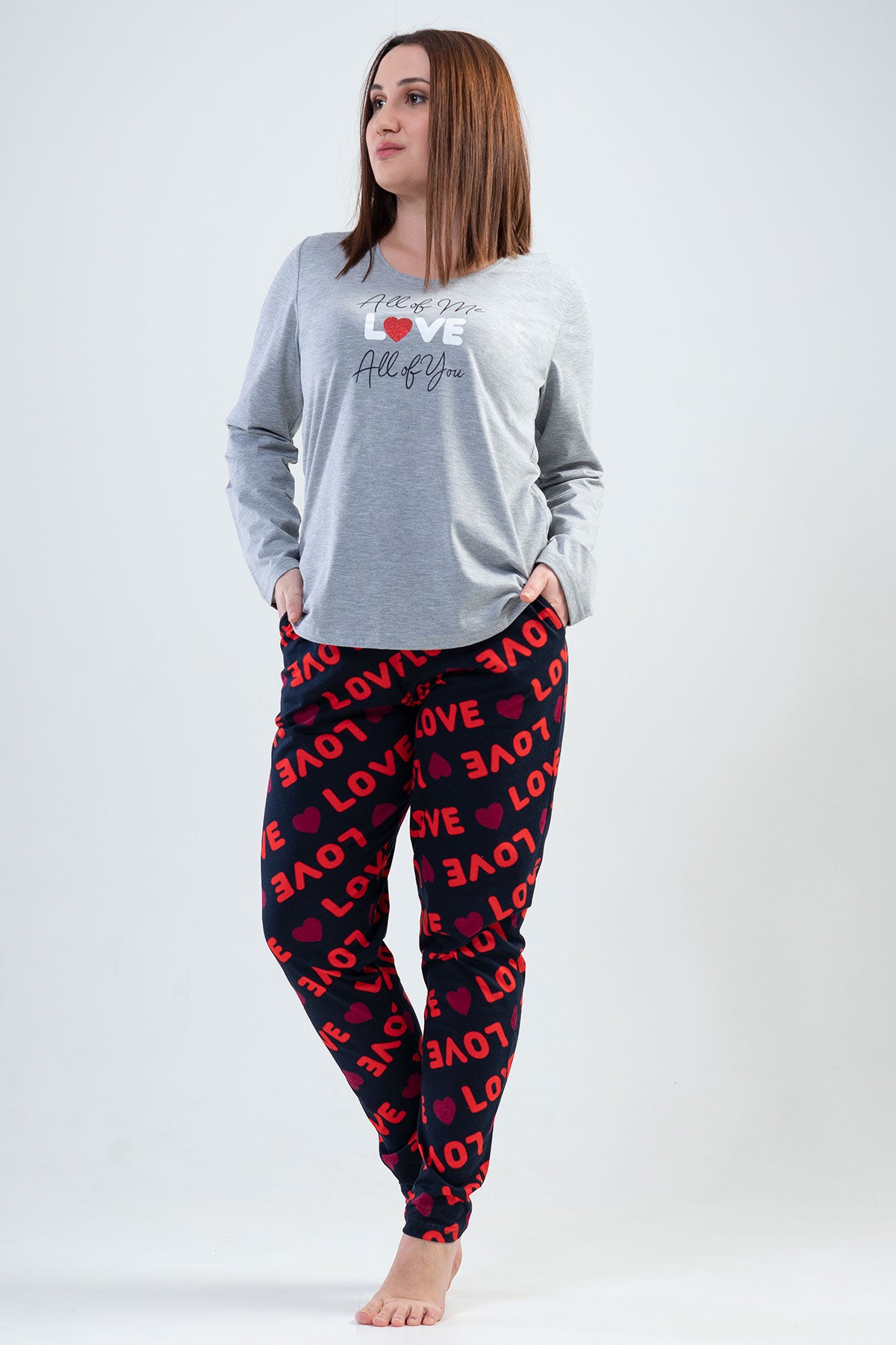 BAYAN P.SUPREM XXL O YAKA UZUN KOL ETEGI OVAL CEPLI PIJAMA TAKIM - GRAY MELANGE