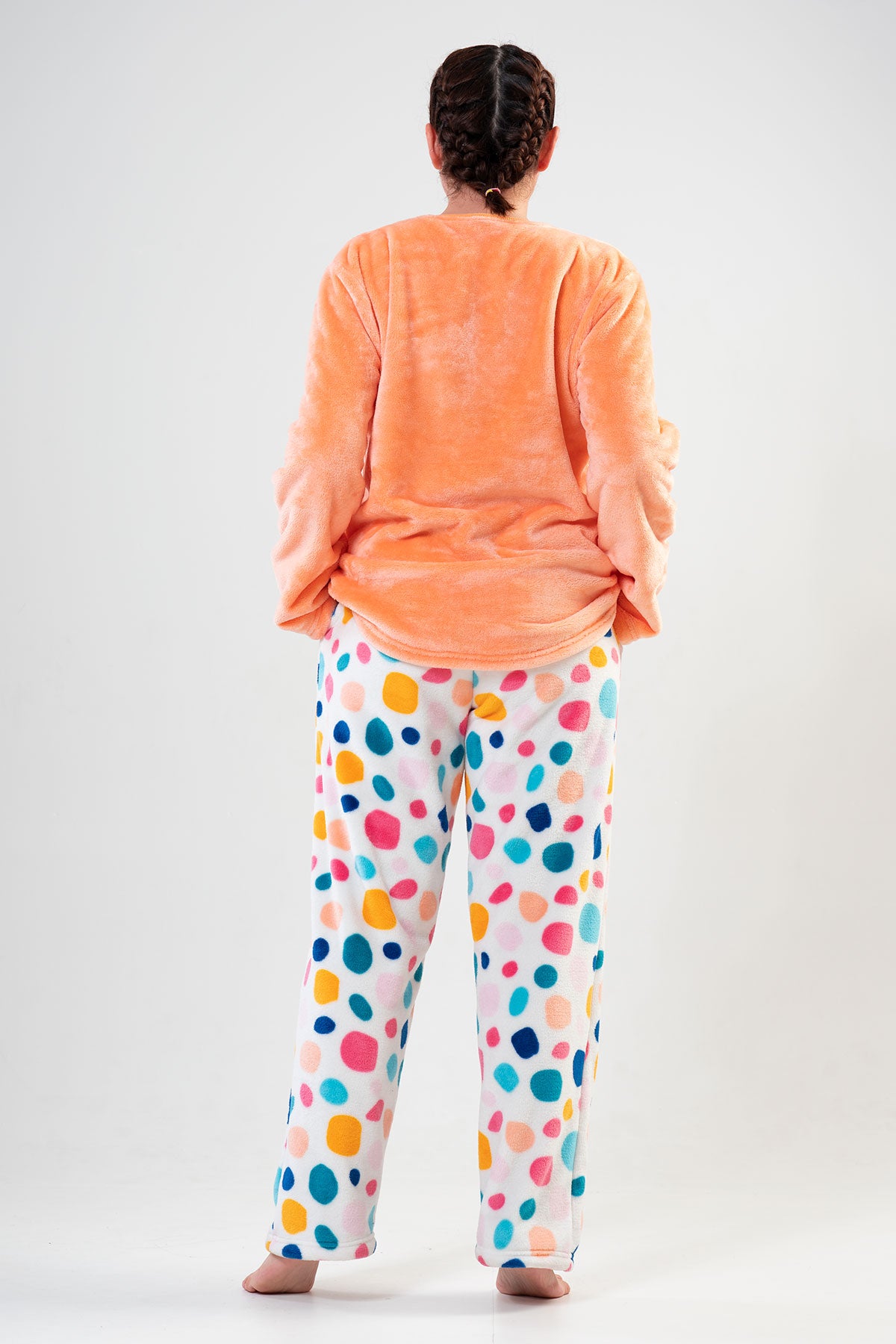 BAYAN SOFT XXL O YAKA UZUN KOL ETEGI OVAL CEPLI PIJAMA TAKIM - TURUNCU