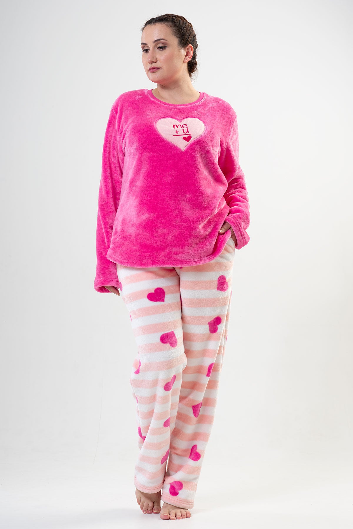 BAYAN SOFT XXL O YAKA UZUN KOL ETEGI OVAL CEPLI PIJAMA TAKIM - FUSYA