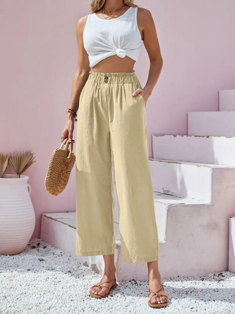 Women's Linen Capri Pants with Waist Shirring and Button Detail, 24633