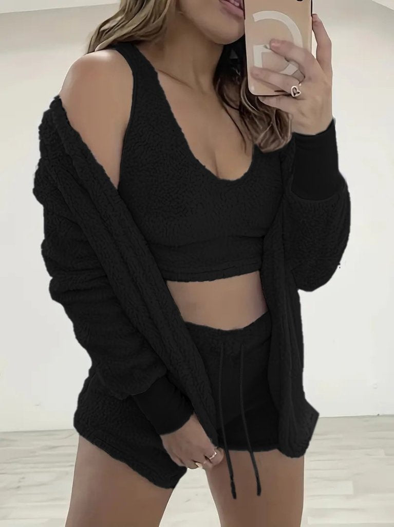 Women's Long-Sleeved Jacket, Strappy Plush Blouse, and Shorts Three-Piece Set, 23209