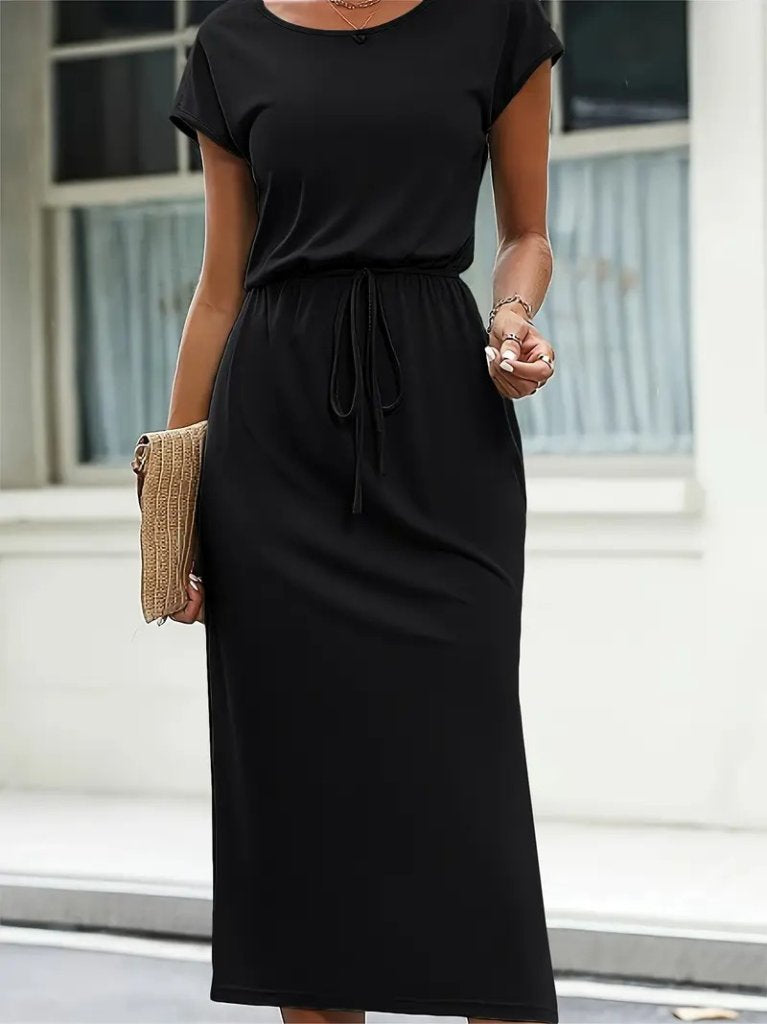 Women's Short Sleeve Open Collar Belted Side Slit Midi Viscose Dress, 24109
