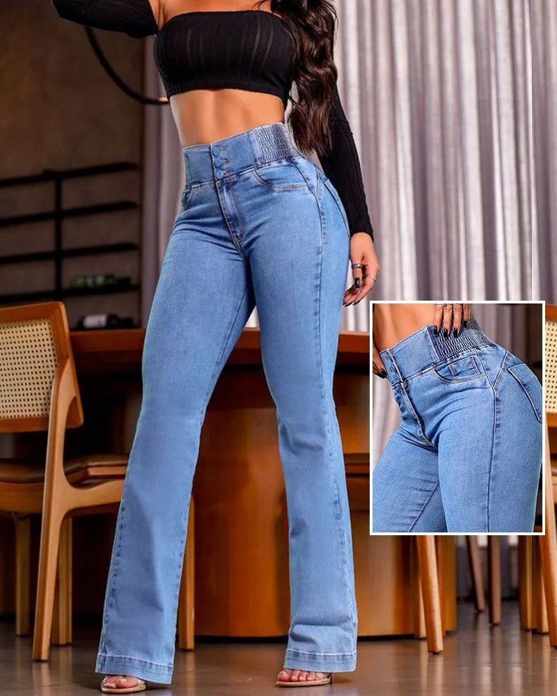 Kadın Yüksek Bel Yanları Lastik önü Düğmeli Kot Pantolon , 32826
