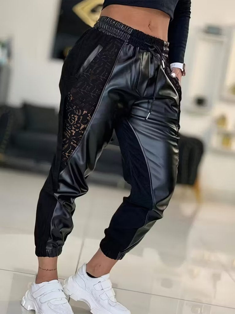 Women's High Waisted Elasticated Lace Detail Drawstring Leather Trousers, 30179