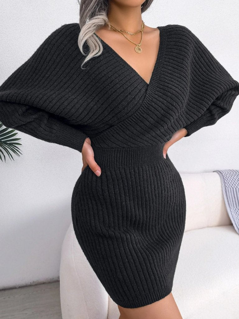 Women's Long-Sleeved Wrap Wide Collar Mini Knit Dress, 30303