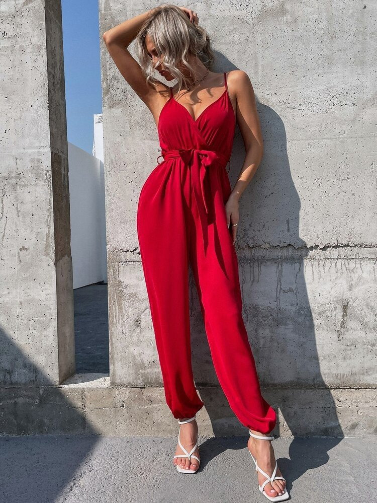 Women's Strappy Wrap-Neck Belted Long Sandy Jumpsuit, 32206