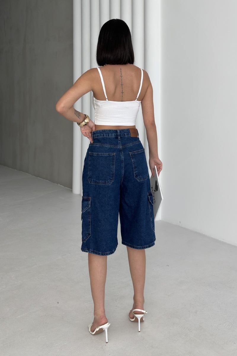 Cep Detaylı Orta Boy Kot Şort - Düz Koyu Rins - (36-42-6) - 2