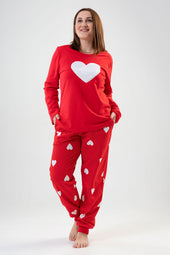 WOMEN'S 2THREAD XXL O-NECK LONG SLEEVE SKIRT OVAL POCKET Cuffed Pajama Set - RED